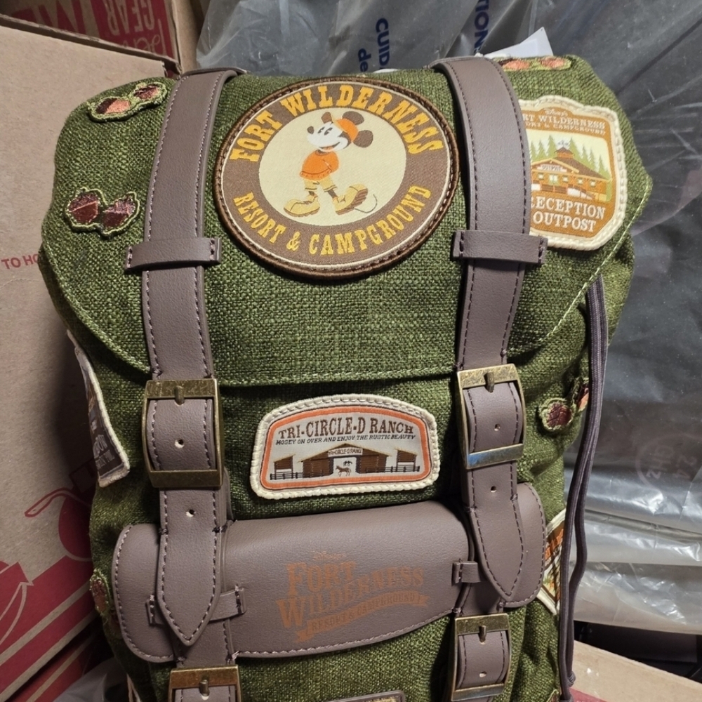 Disney Fort Wilderness Campground Mickey Patches Canvas Loungefly Backpack - Picture 2 of 5
